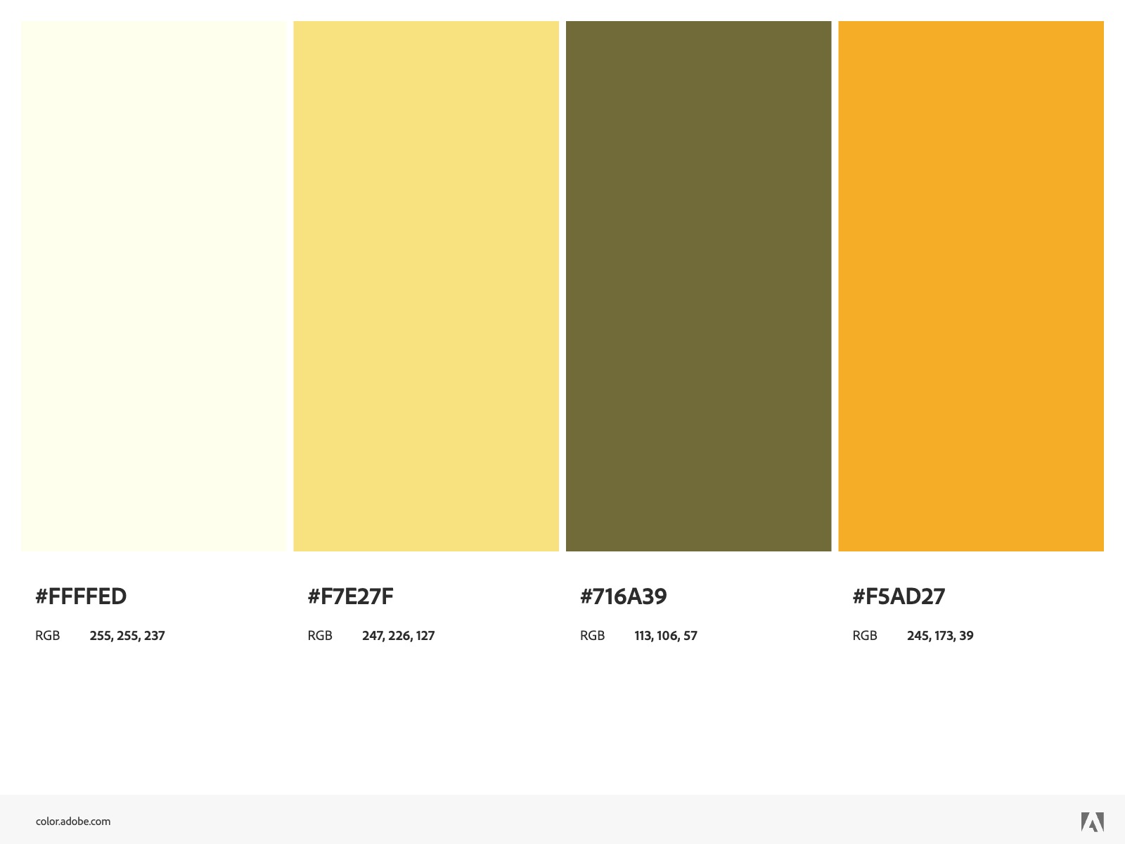 Tragerbos brand color palette featuring cream, golden yellow, olive brown, and orange with hex codes and RGB values