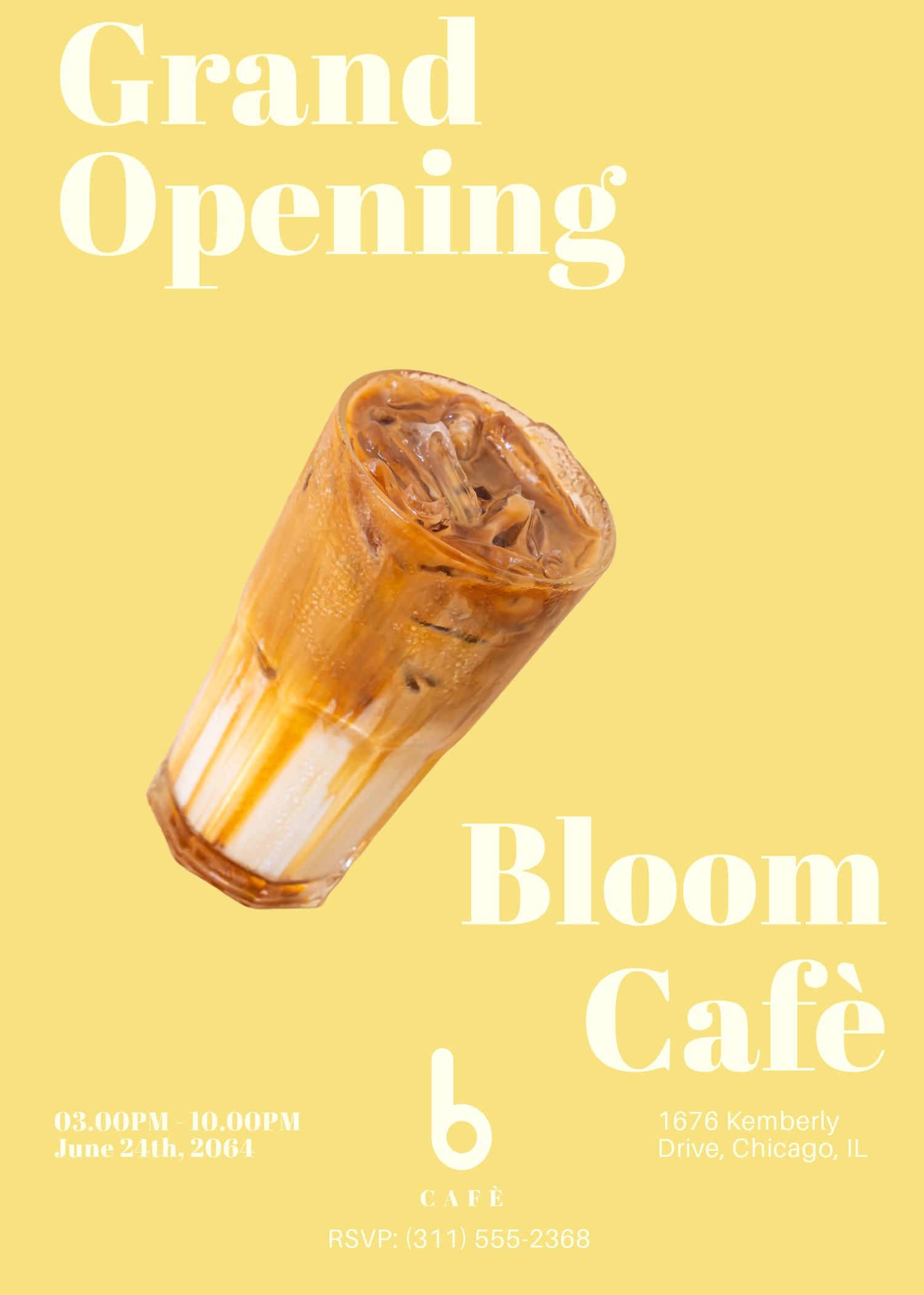 Bloom Cafe Grand Opening Instagram post design by Tragerbos featuring iced coffee and event details on yellow background