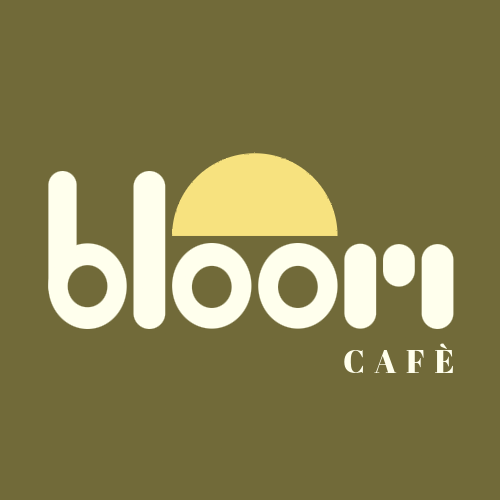 Bloom Cafe complete logo design by Tragerbos featuring white typography with yellow sunrise element on olive background