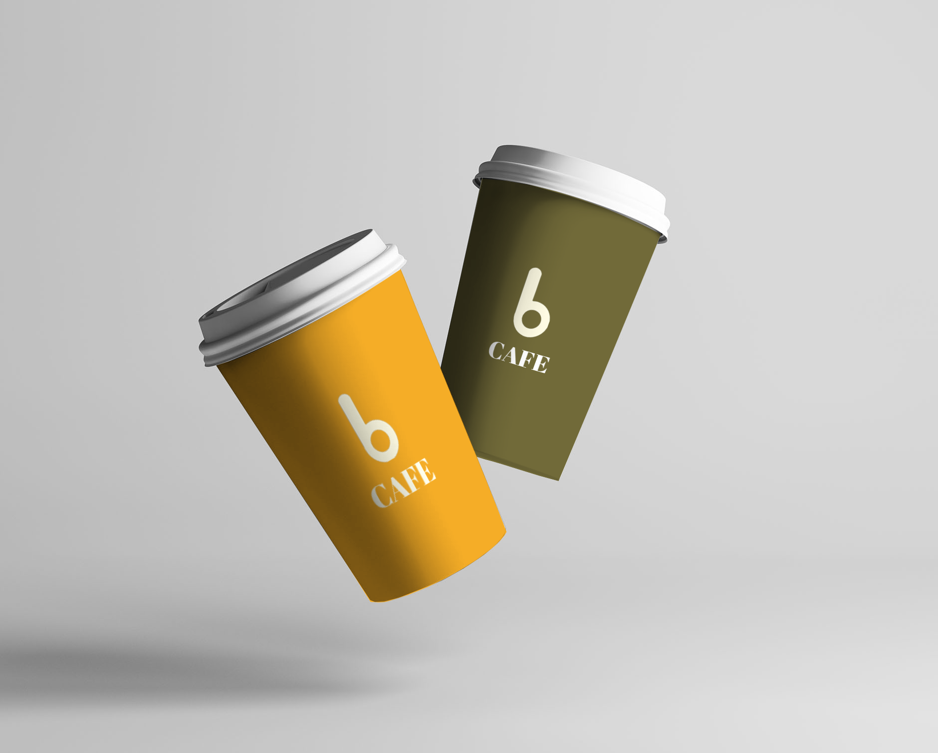 Bloom Cafe coffee cup designs by Tragerbos featuring orange and olive colored takeaway cups with b logo branding