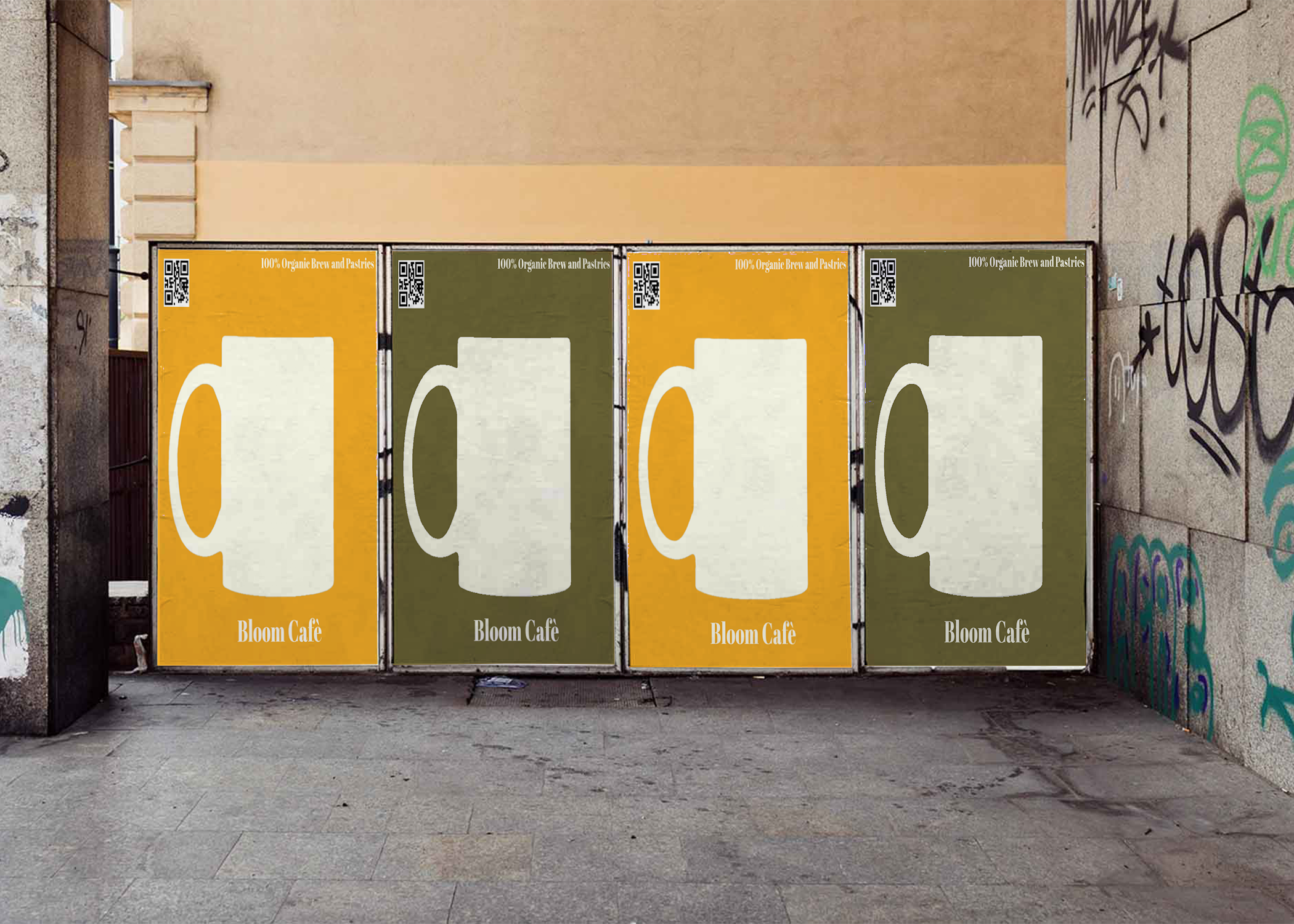 Bloom Cafe outdoor billboard advertising by Tragerbos featuring four large panels with alternating orange and olive brand colors displaying coffee mug graphics in urban setting