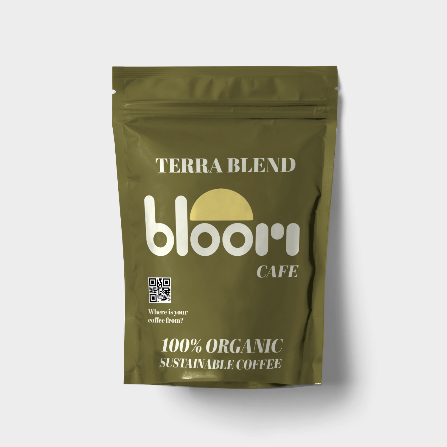Bloom Cafe Terra Blend coffee packaging design by Tragerbos featuring olive green foil bag with organic branding and QR code traceability