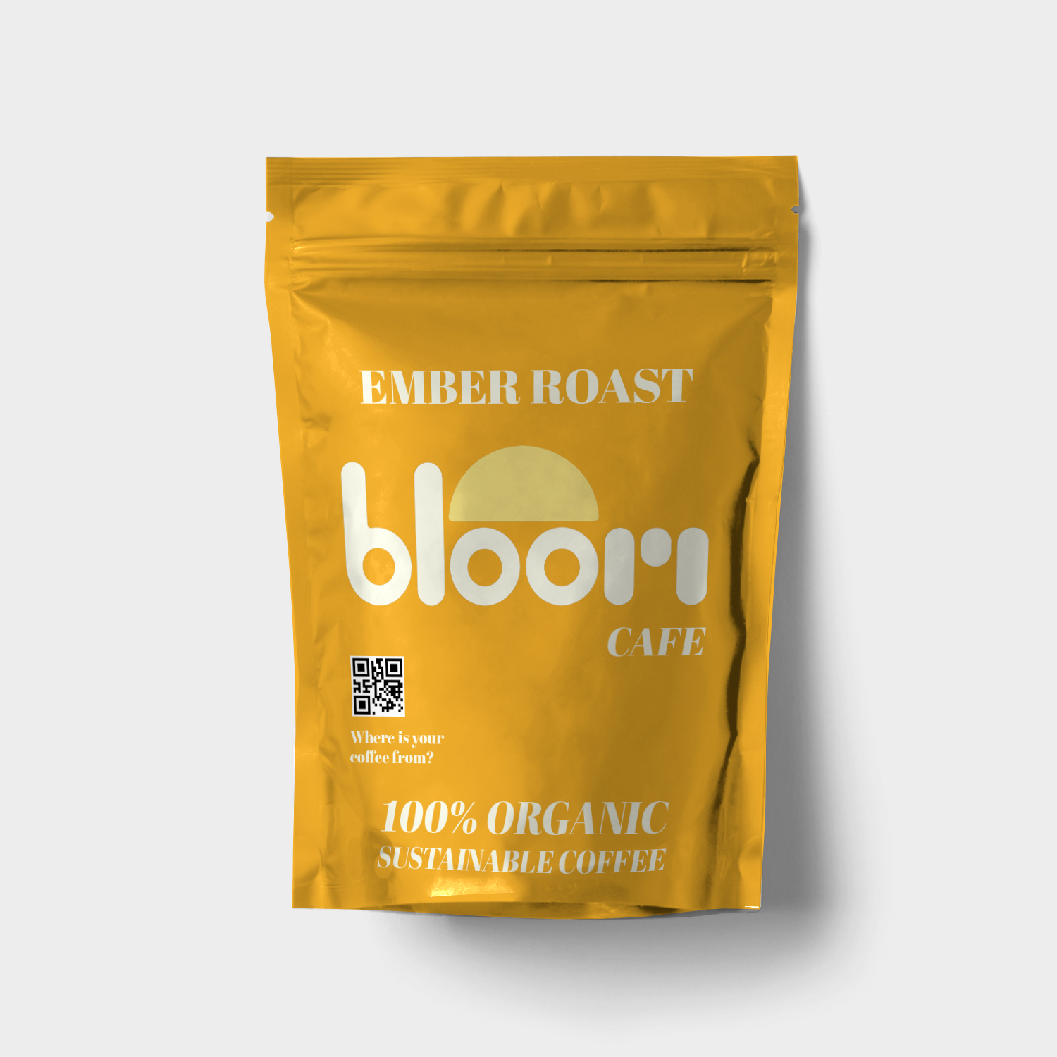 Bloom Cafe Ember Roast coffee packaging design by Tragerbos featuring golden foil bag with organic branding and QR code traceability