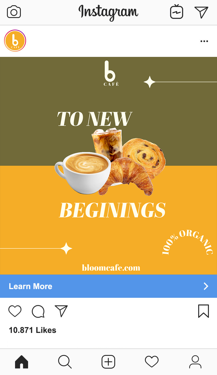 Bloom Cafe Instagram post mockup by Tragerbos showing 'To New Beginnings' campaign with coffee and pastries in mobile interface