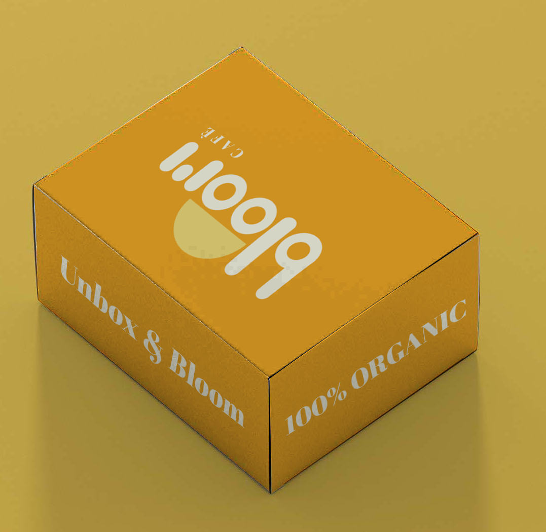Bloom Cafe packaging design by Tragerbos showing orange color variation of 3D box mockup with brand logo and organic messaging
