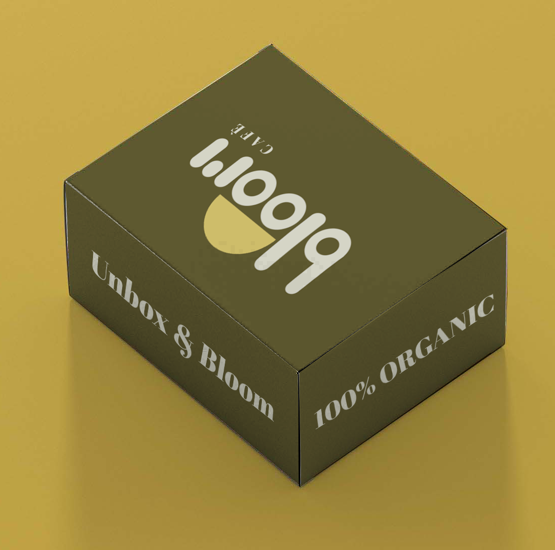Bloom Cafe packaging design by Tragerbos featuring 3D box mockup with brand logo and organic messaging on olive background