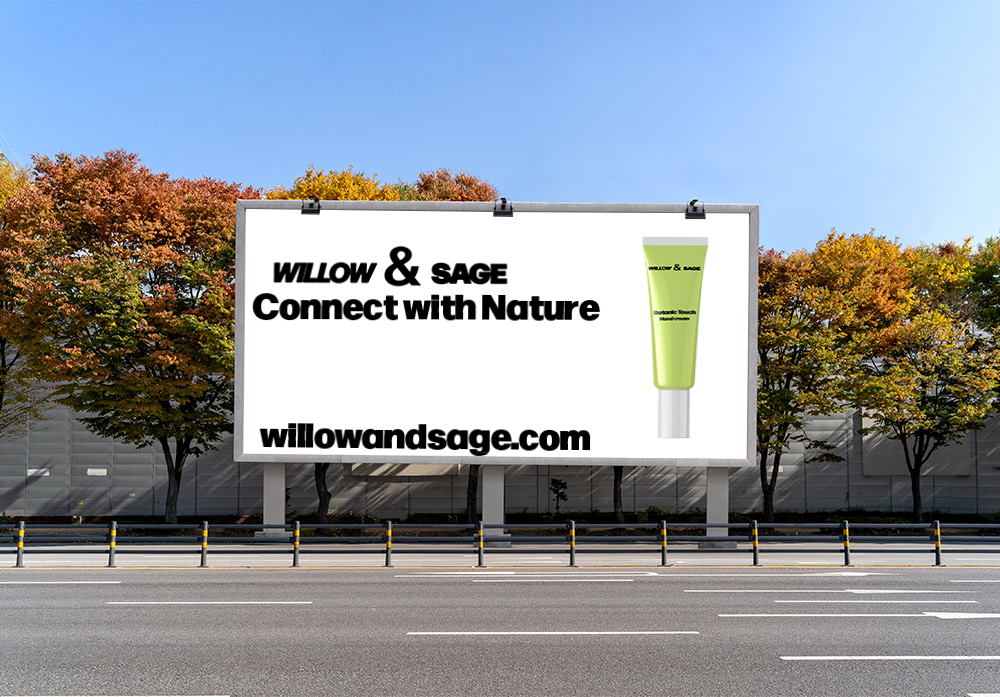 Willow & Sage billboard advertising design by Tragerbos featuring Connect with Nature tagline and product showcase in urban autumn setting