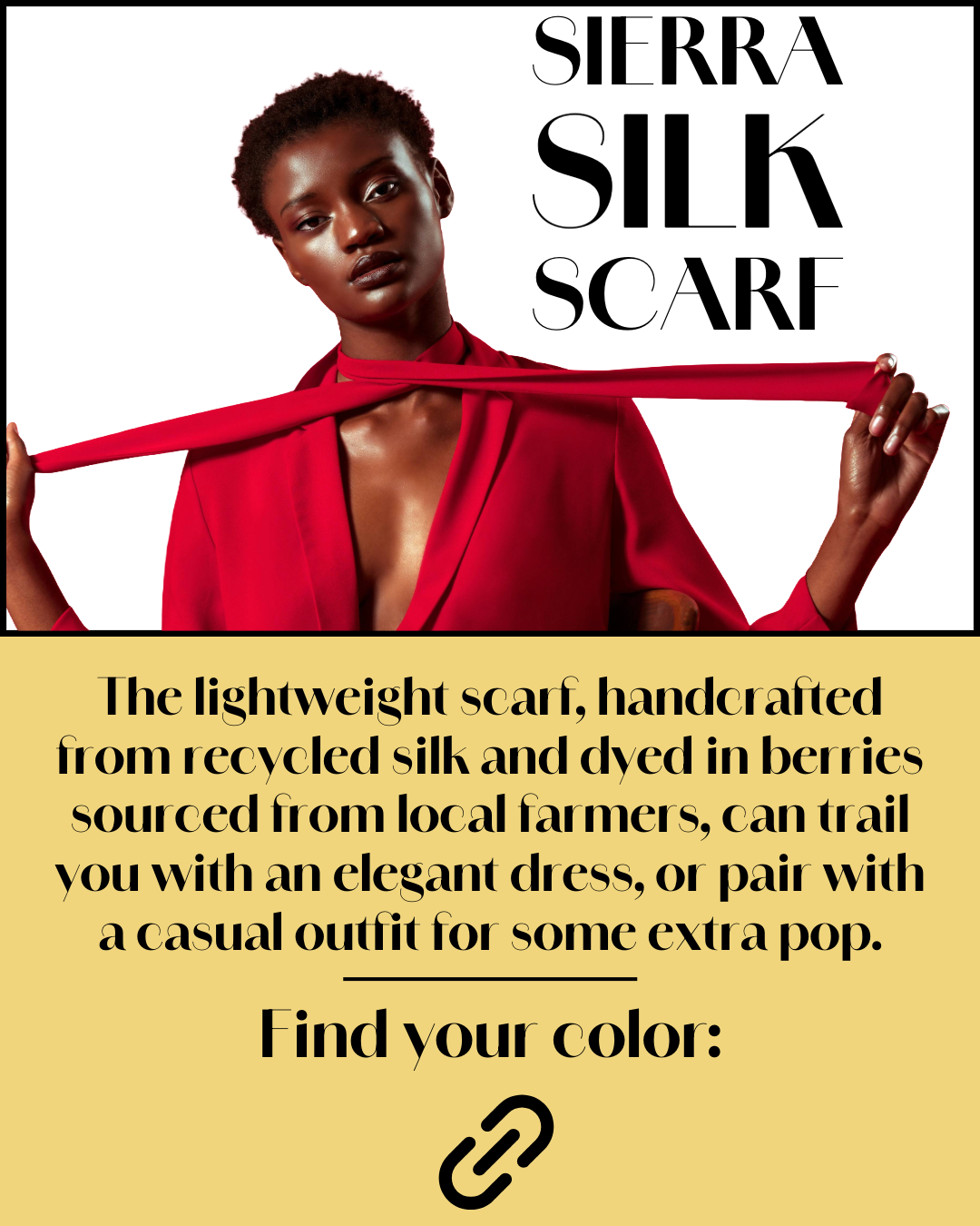 Sierra Silk Scarf fashion campaign by Trager Bos featuring model in red blazer showcasing sustainable silk scarf with luxury styling
